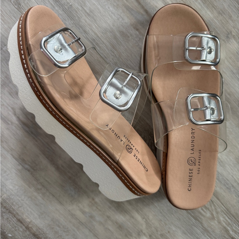 Chinese Laundry Clear Sandals with Silver Buckles